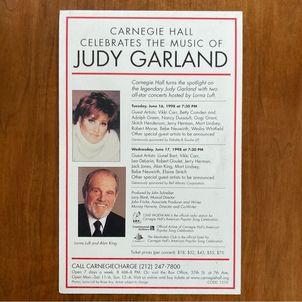 Lorna Luft Signed Flyer CARNEGIE HALL CELEBRATES THE MUSIC OF JUDY GARLAND 1998 - Picture 3 of 3